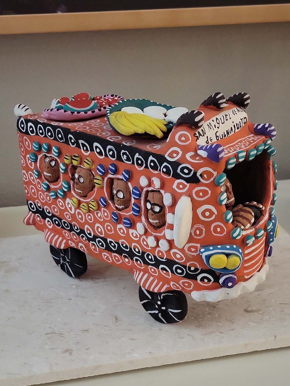 Handcrafted Dia De Los Muertos Terracotta Clay Orange Bus Decor